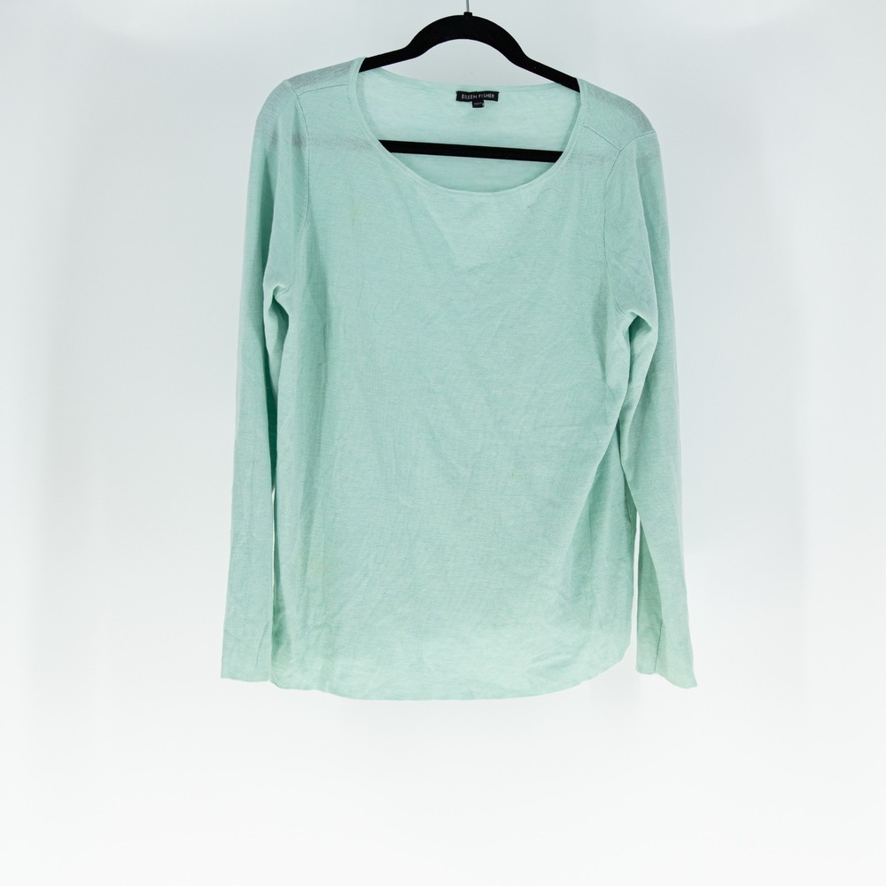 Eileen Fisher Merino Wool Knit Scoop Neck Long Sleeve Pullover Sweater Blue L